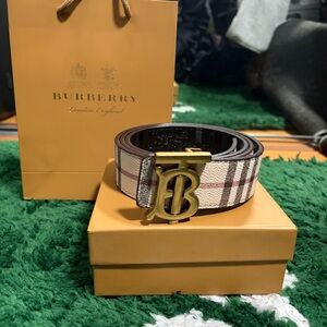 Burberry Men's Tan and Brown Plaid Belt with Gold Buckle